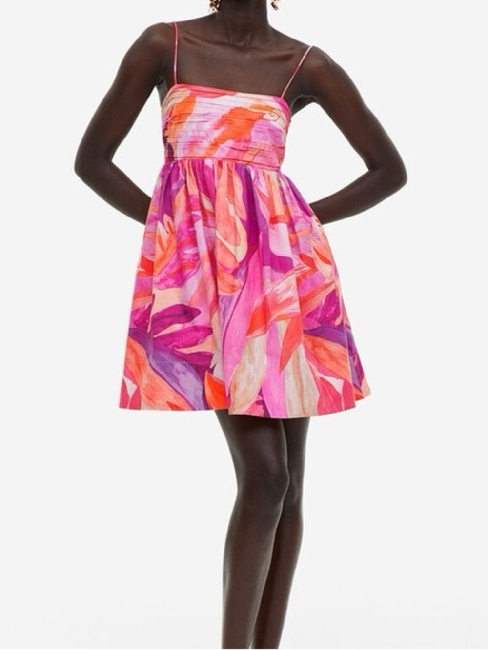 H&M Floral Babydoll Mini Dress Pink Orange Size M